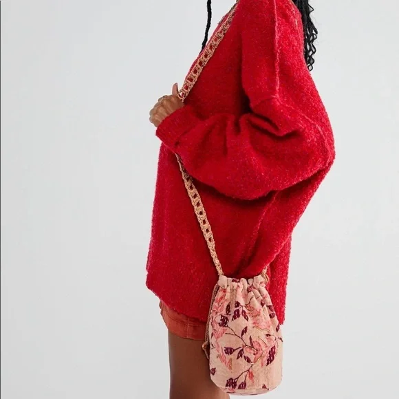 NWT Free People Velvet Moon Tote Bag Purse beaded detail red & pink avai… - Picture 4 of 9